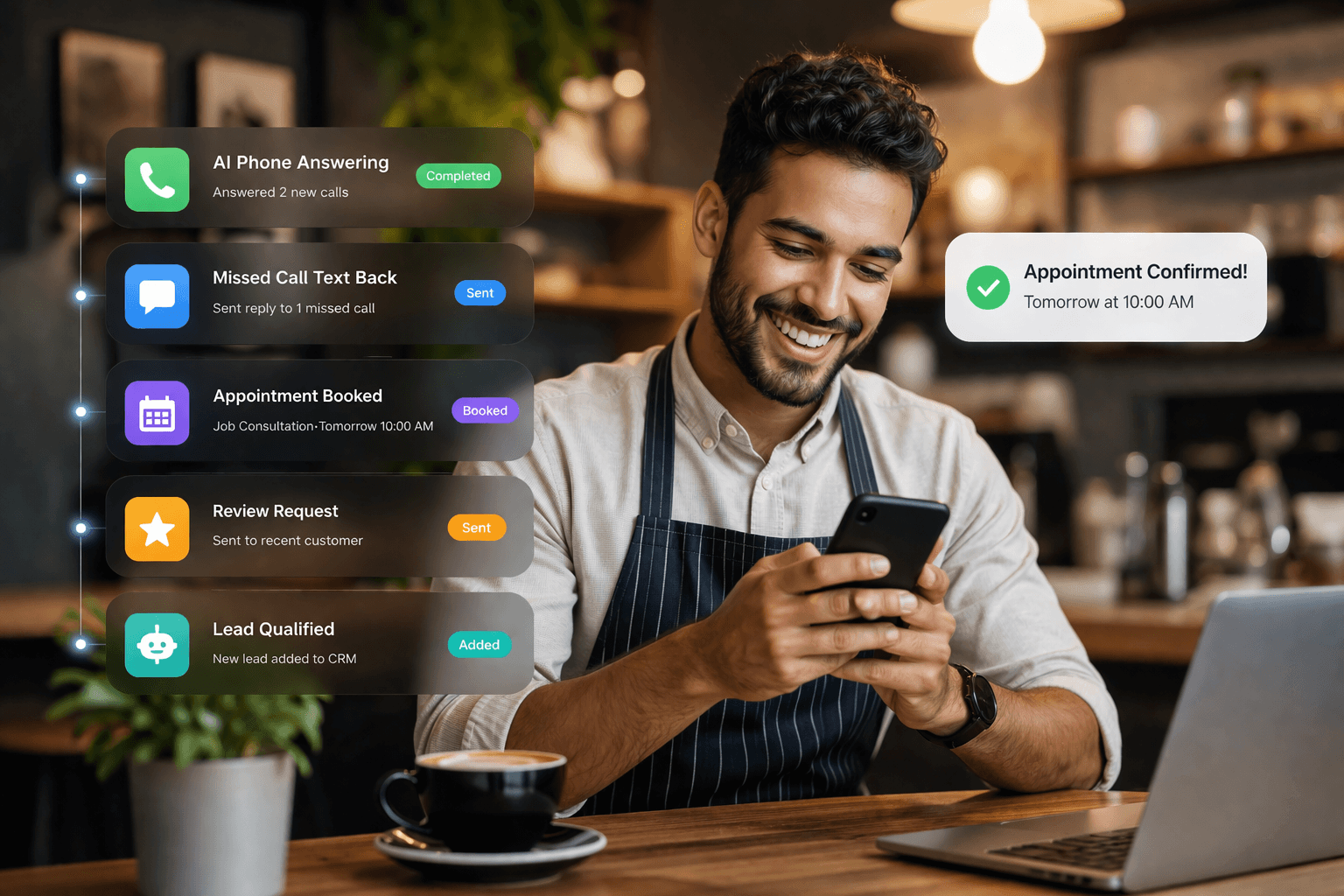 Business owner using mobile automation workflows for answering, booking, review requests, and lead qualification.