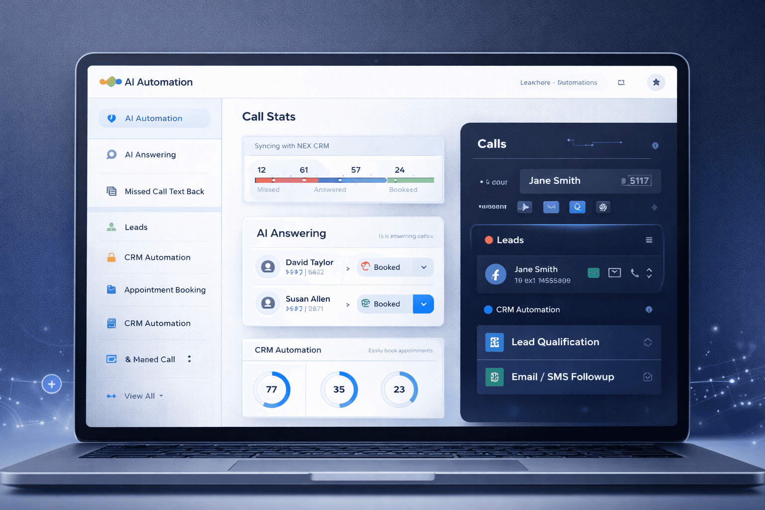SEO and automation dashboard showing lead qualification, follow-up, and call statistics.