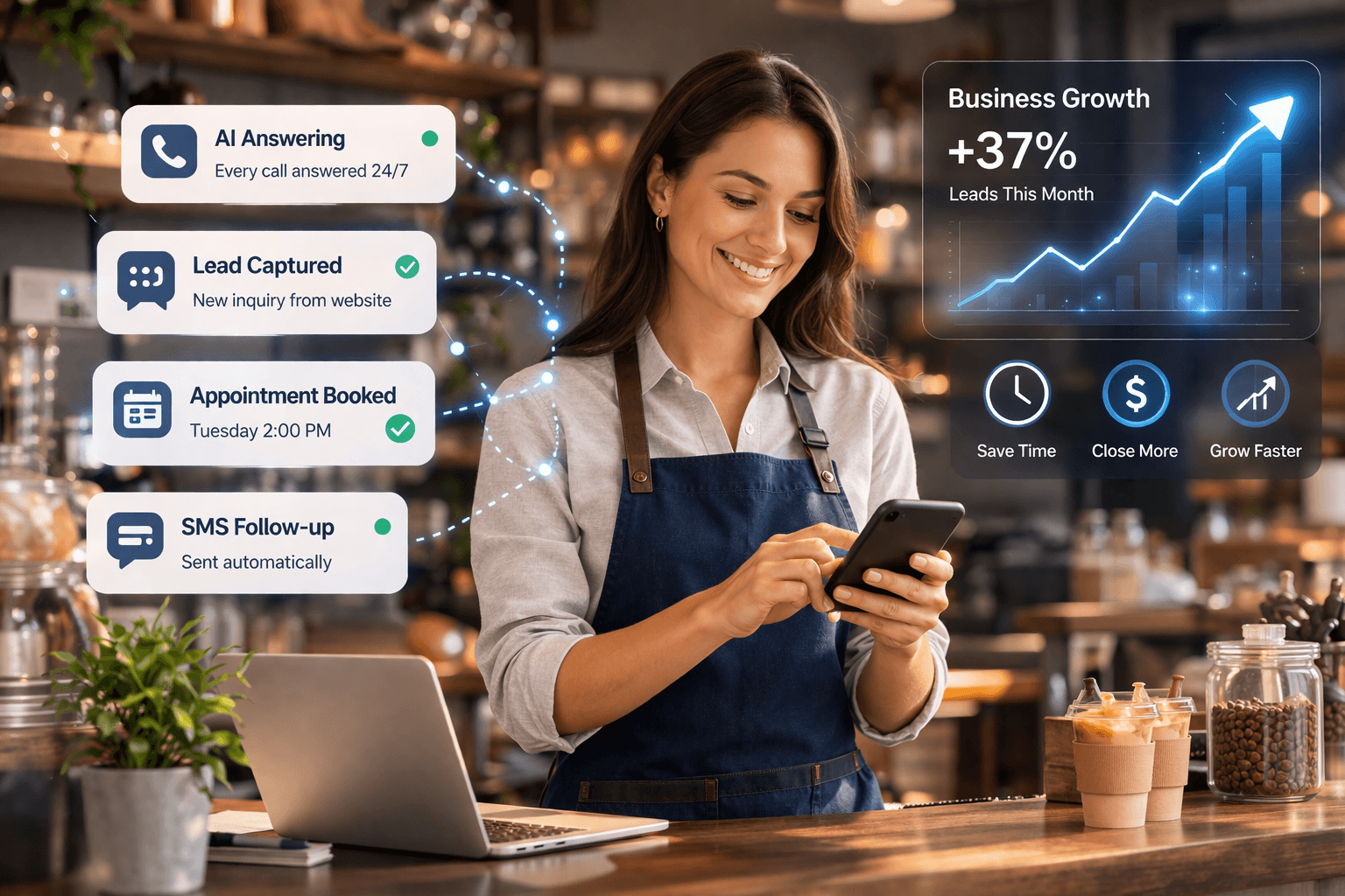 Local business owner reviewing AI answering, lead capture, and appointment booking activity.